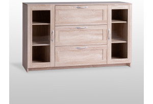 Тумба СИРИУС длинная с двумя стеклянными дверьми и тремя ящиками, цвет Дуб Сонома