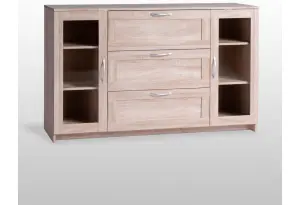 Тумба СИРИУС длинная с двумя стеклянными дверьми и тремя ящиками, цвет Дуб Сонома