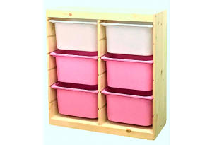 Стеллаж двойной вертикальный Труфаст с белыми и розовыми контейнерами