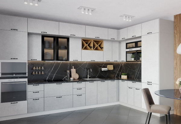 Модульная кухня "Лофт" Штукатурка белая / Штукатурка серая МДФ - главное фото